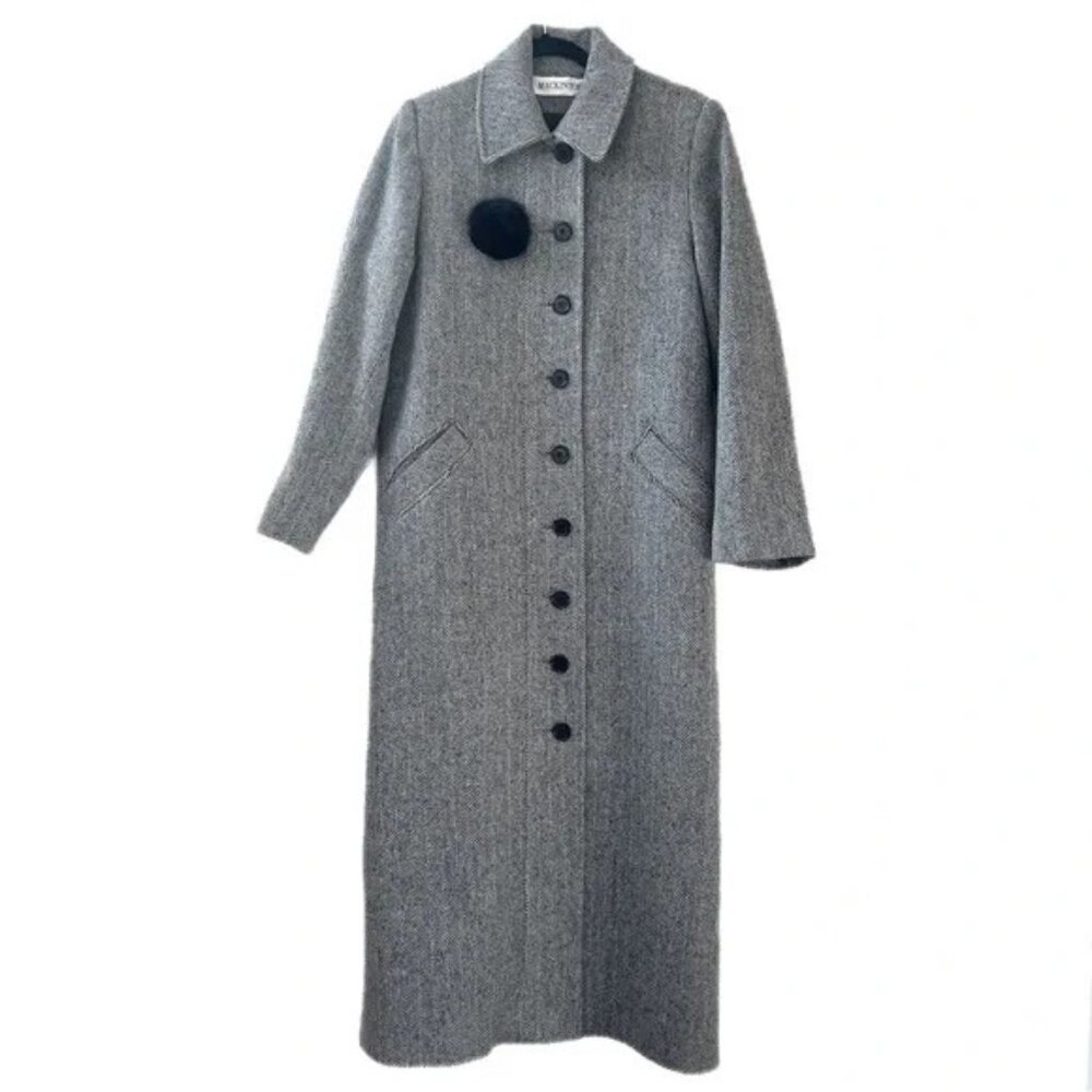 MACKINTOSH Long Wool Coat Vintage Grey Herringbone Overcoat Womens Small 90s 80s